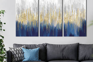 Модульная картина триптих на холсте KIL Art Абстракция золотые линии на бело-сине фоне 78x48 см (60-31)
