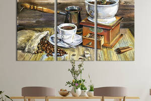 Модульная картина триптих на холсте KIL Art Чашка кофе и мешочек с зернами 128x81 см (299-31)