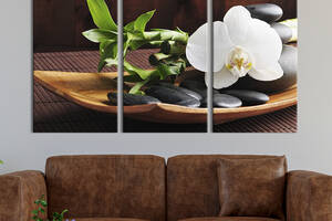 Модульная картина триптих на холсте KIL Art Камни дзен и белая орхидея 128x81 см (63-31)