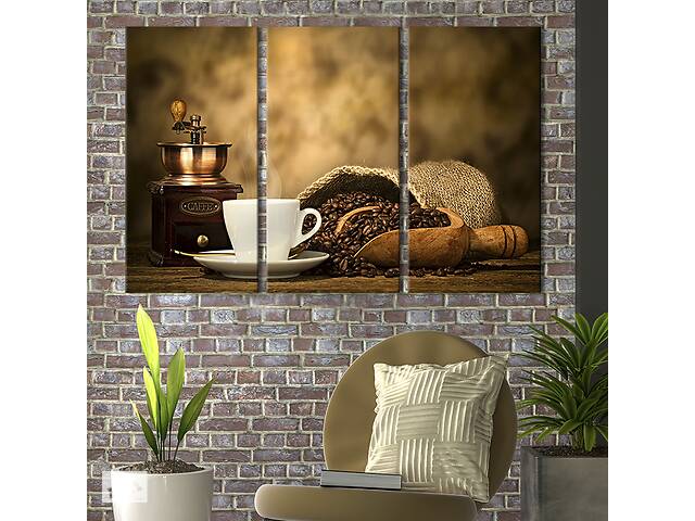 Модульная картина триптих на холсте KIL Art Кофемолка и зерна кофе 128x81 см (291-31)