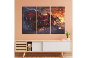 Модульная картина триптих на холсте KIL Art Красный мотоцикл киберпанк 128x81 см (695-31)