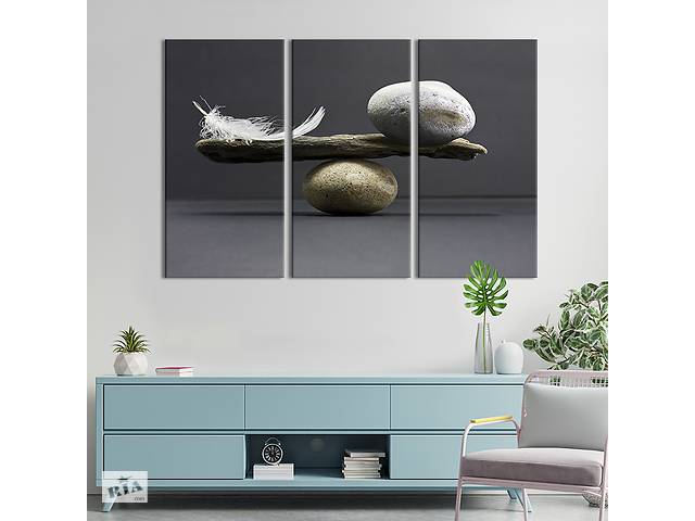 Модульная картина триптих на холсте KIL Art Перо и камень: баланс 128x81 см (502-31)