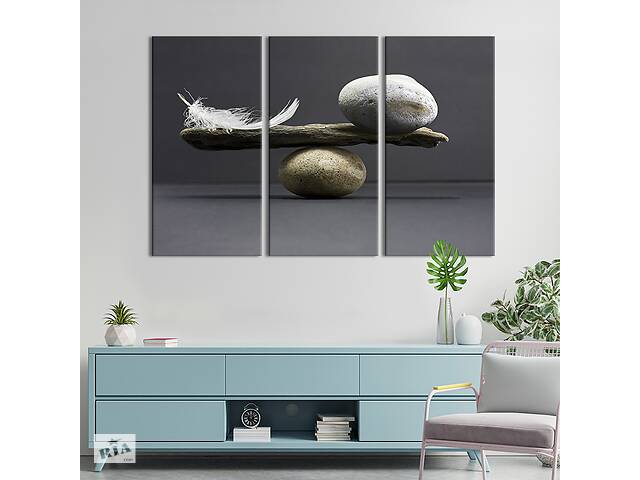 Модульная картина триптих на холсте KIL Art Перо и камень: баланс 78x48 см (502-31)
