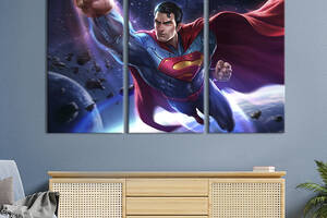 Модульная картина триптих на холсте KIL Art Полёт Супермена в космосе 128x81 см (752-31)