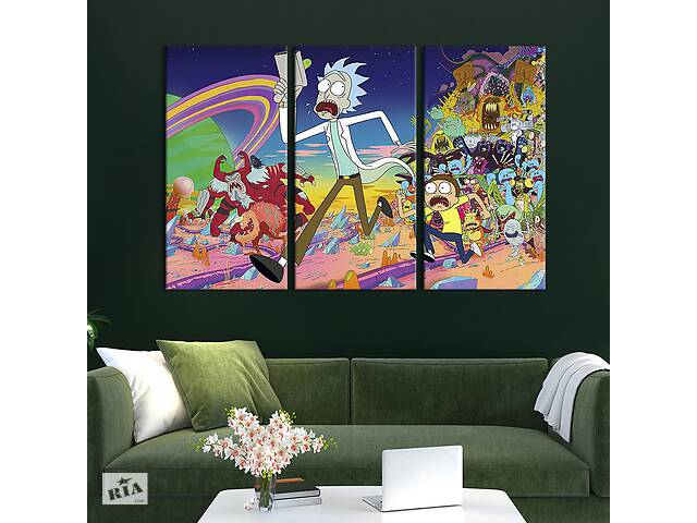 Модульная картина триптих на холсте KIL Art Рик и Морти и космические монстры 156x100 см (736-31)
