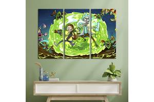 Модульная картина триптих на холсте KIL Art Рик и Морти и зелёный портал 128x81 см (737-31)