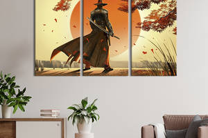 Модульная картина триптих на холсте KIL Art Самурай в шляпе на фоне солнца 128x81 см (684-31)
