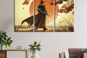 Модульная картина триптих на холсте KIL Art Самурай в шляпе на фоне солнца 156x100 см (684-31)