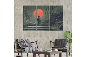 Модульная картина триптих на холсте KIL Art Самурай и красное солнце 128x81 см (513-31)