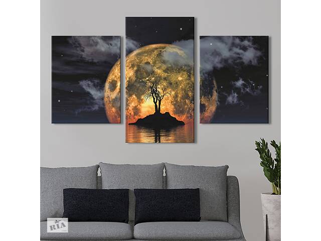 Модульная картина из 3 частей на холсте KIL Art Космос Луна и остров с деревом 141x90 см (MK322030)