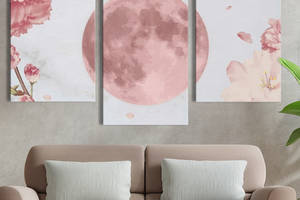 Модульная картина из 3 частей на холсте KIL Art Космос Розовая Луна и цветы 96x60 см (MK322031)