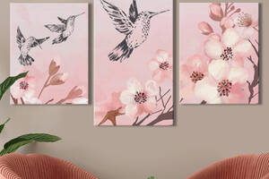 Модульная картина из 3 частей на холсте KIL Art Природа Колибри и цветы 141x90 см (MK322037)