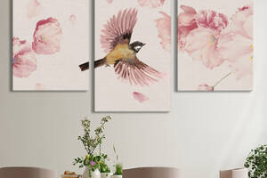 Модульная картина из 3 частей на холсте KIL Art Природа Птица в полете и цветы 96x60 см (MK322039)