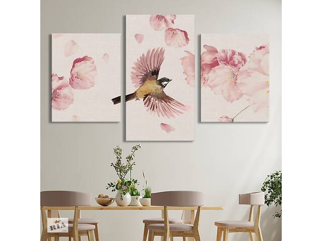 Модульная картина из 3 частей на холсте KIL Art Природа Птица в полете и цветы 141x90 см (MK322039)