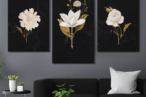 Модульная картина из 3 частей на холсте KIL Art Цветы Белые цветы с розовым листьем на черном фоне 141x90 см (MK322021)