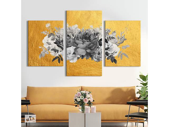 Модульная картина из 3 частей на холсте KIL Art Цветы Чернобелые цветы на золотом фоне 141x90 см (MK322038)