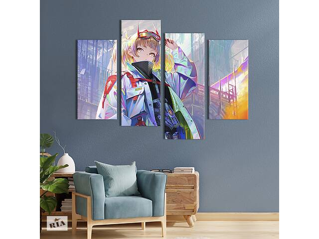 Модульная картина из 4 частей на холсте KIL Art Аниме девушка в мегаполисе 129x90 см (677-42)