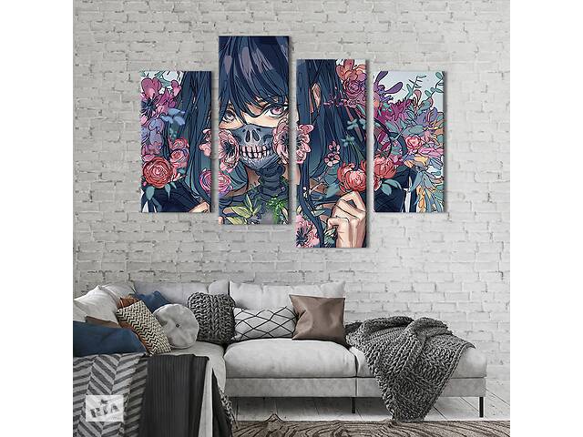 Модульная картина из 4 частей на холсте KIL Art Аниме девушка в цветах 89x56 см (679-42)