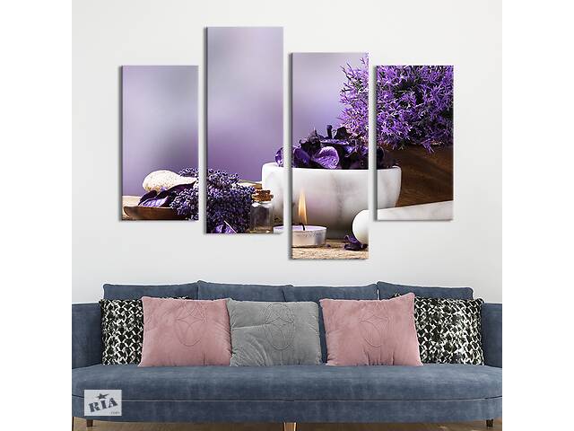 Модульная картина из 4 частей на холсте KIL Art Белая свеча и фиолетовые цветы 89x56 см (78-42)