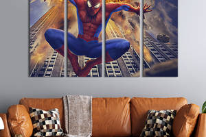 Модульная картина из 4 частей на холсте KIL Art Человек-паук на фоне взрывающегося здания 89x53 см (744-41)