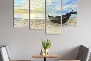 Модульная картина из 4 частей на холсте KIL Art Чёрная лодка на белом песчаном берегу 129x90 см (413-42)