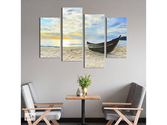 Модульная картина из 4 частей на холсте KIL Art Чёрная лодка на белом песчаном берегу 129x90 см (413-42)
