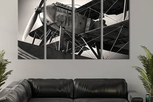 Модульная картина из 4 частей на холсте KIL Art Чёрно-белый самолёт 209x133 см (92-41)