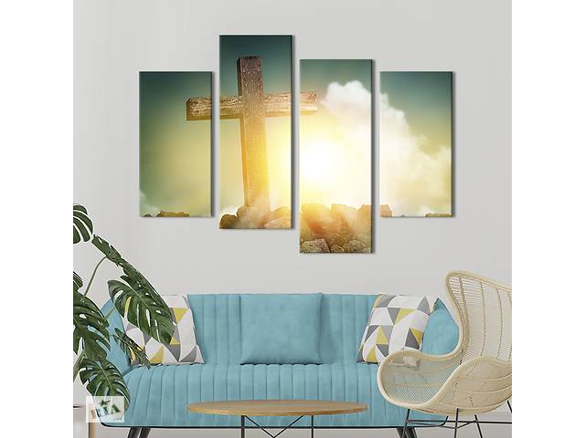 Модульная картина из 4 частей на холсте KIL Art Деревянный крест в ярких лучах солнца 89x56 см (474-42)