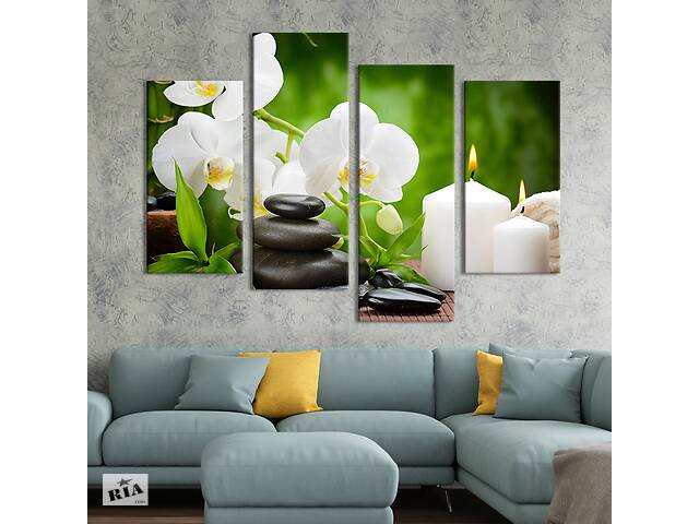 Модульная картина из 4 частей на холсте KIL Art Две белые свечи и ветка орхидеи 129x90 см (67-42)