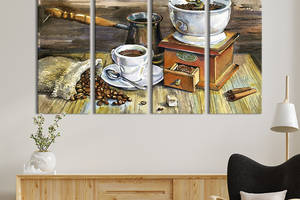 Модульная картина из 4 частей на холсте KIL Art Кофейный натюрморт с кофемолкой 89x53 см (299-41)