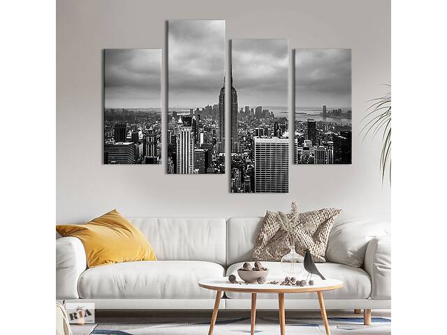 Модульная картина из 4 частей на холсте KIL Art Красивый панорамный вид чёрно-белого Нью-Йорка 129x90 см (381-42)
