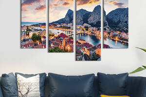 Модульная картина из 4 частей на холсте KIL Art Красивый закат над городом в Хорватии 89x56 см (401-42)