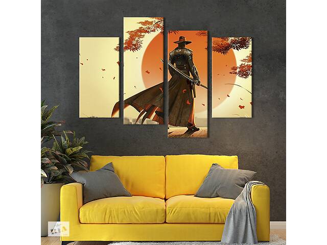 Модульная картина из 4 частей на холсте KIL Art Крутой самурай с катаной 129x90 см (684-42)