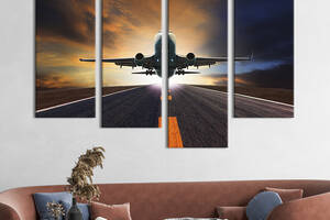 Модульная картина из 4 частей на холсте KIL Art Летящий над взлётной полосой самолёт 149x106 см (94-42)