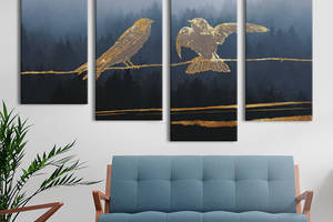 Модульная картина из 4 частей на холсте KIL Art Мистика Золотые птицы и туманный лес 149x106 см (MK412811)