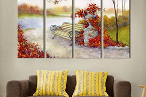 Модульная картина из 4 частей на холсте KIL Art Осенняя скамейка в парке 89x53 см (322-41)