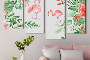 Модульная картина из 4 частей на холсте KIL Art Природа Розовые фламинго и цветы 149x106 см (MK412818)