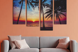 Модульная картина из 4 частей на холсте KIL Art Пурпурный закат на тропическом пляже 129x90 см (429-42)