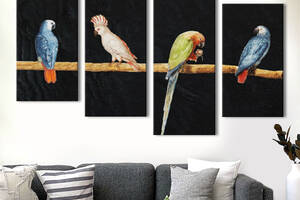 Модульная картина из 4 частей на холсте KIL Art Разновидные попугаи на ветке 129x90 см (MK412827)