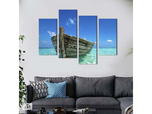 Модульная картина из 4 частей на холсте KIL Art Старая лодка в голубом море 89x56 см (426-42)