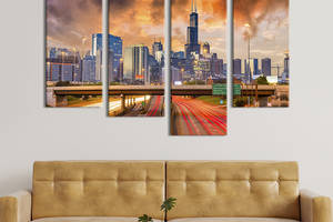 Модульная картина из 4 частей на холсте KIL Art Сумерки над городом Чикаго в США 129x90 см (399-42)