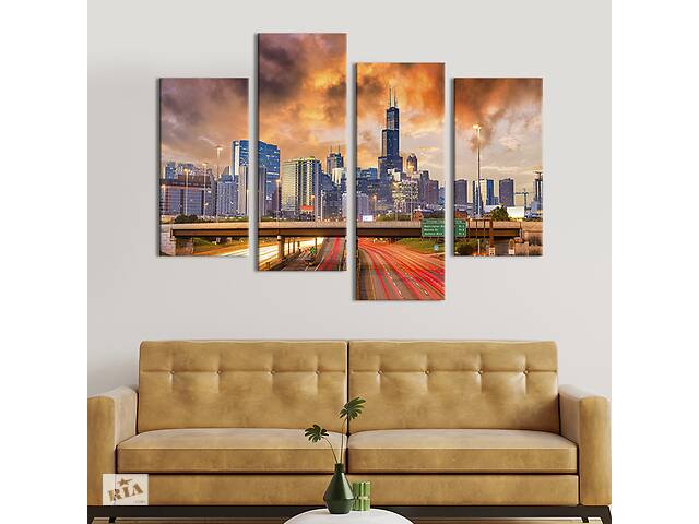 Модульная картина из 4 частей на холсте KIL Art Сумерки над городом Чикаго в США 89x56 см (399-42)