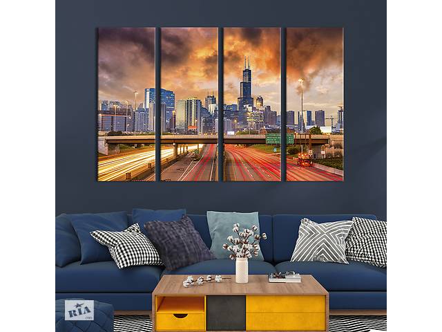 Модульная картина из 4 частей на холсте KIL Art Вид на город Чикаго в Америке 209x133 см (399-41)
