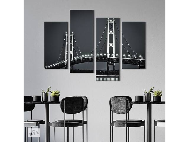 Модульная картина из 4 частей на холсте KIL Art Висячий чёрно-белый мост 129x90 см (361-42)