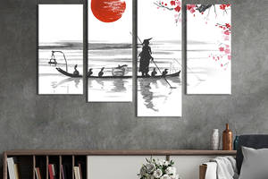 Модульная картина из 4 частей на холсте KIL Art Японская графика старик и утки 129x90 см (517-42)