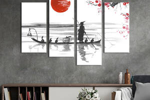 Модульная картина из 4 частей на холсте KIL Art Японская графика старик и утки 149x106 см (517-42)