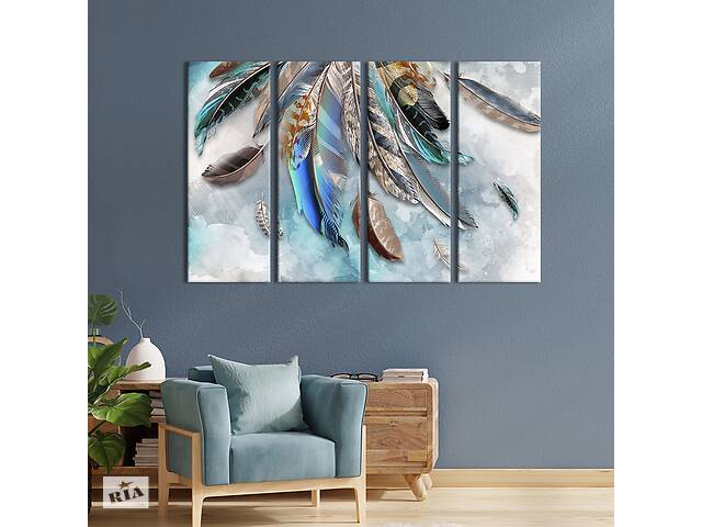 Модульная картина из 4 частей на холсте KIL Art Яркие перья птиц 209x133 см (541-41)