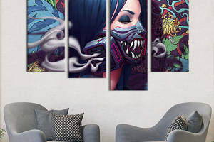 Модульная картина из 4 частей на холсте KIL Art Загадочная киберпанк девушка в противогазе 129x90 см (694-42)