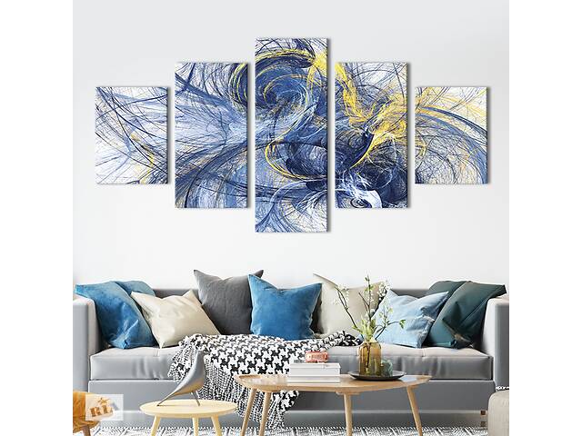Модульная картина из 5 частей на холсте KIL Art Абстрактные синие спирали на белом фоне 112x54 см (18-52)