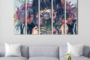 Модульная картина из 5 частей на холсте KIL Art Аниме девушка с цветами 155x95 см (679-51)